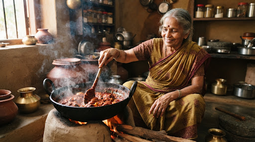Grandmother cooking Thokku traditionally